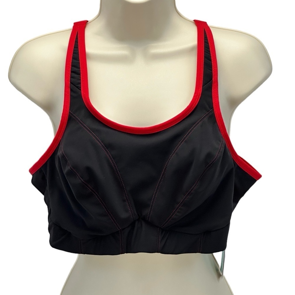 Goddess Sport Soft Cup Hook & Eye Closure Sports Bra - Black Red Trim - size 44C
